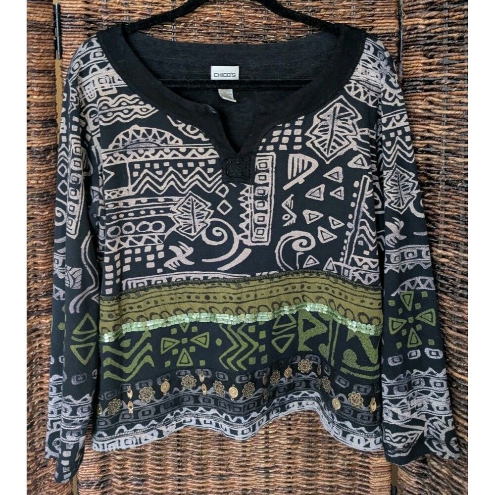 Chico's Beaded Embellished Embroidered Boho Tee Shirt Long Sleeve Top 2 Large